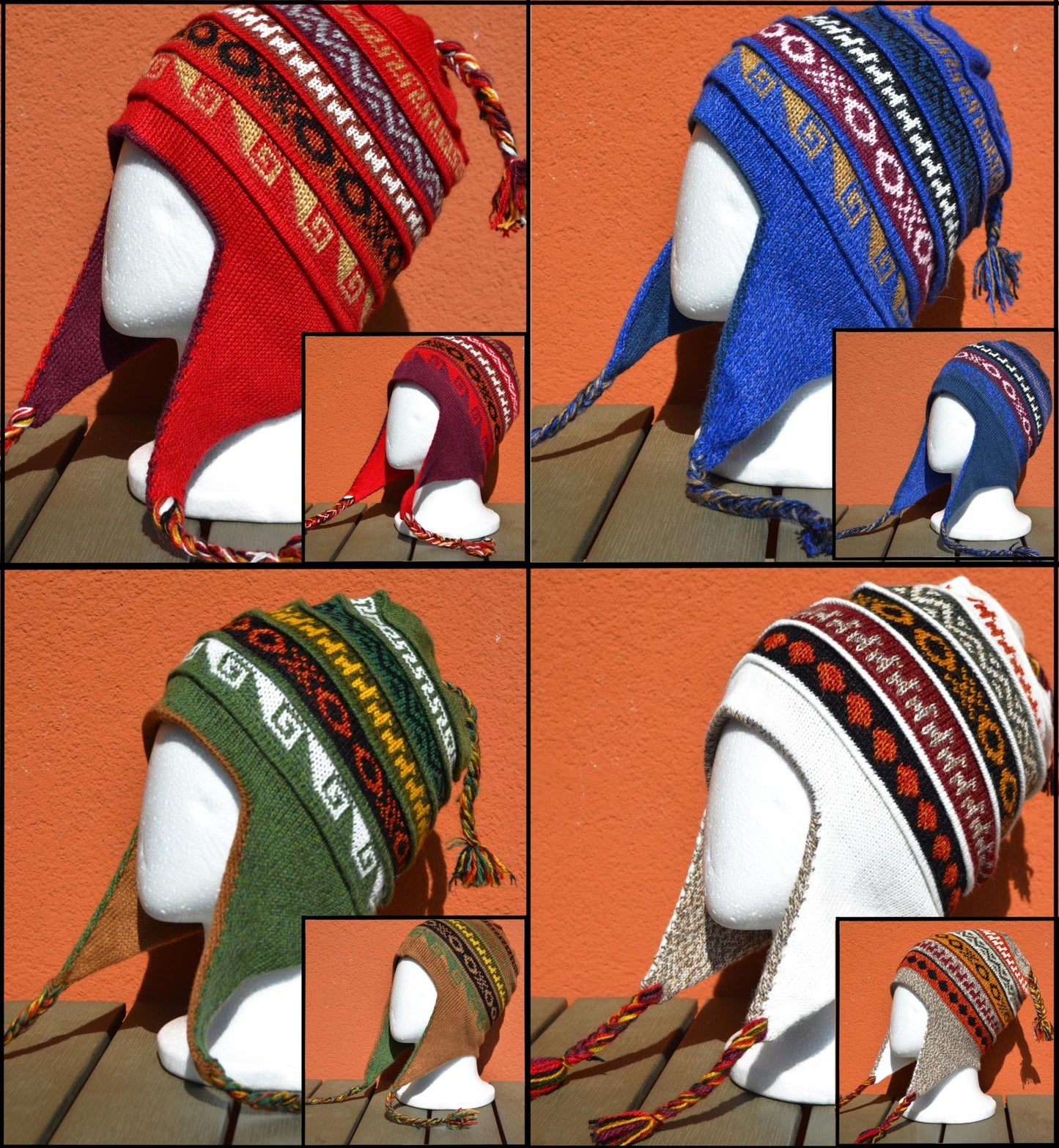 Handmade alpaca chullo hats in red, blue, green, and white with earflaps and colorful tribal patterns, double-sided.