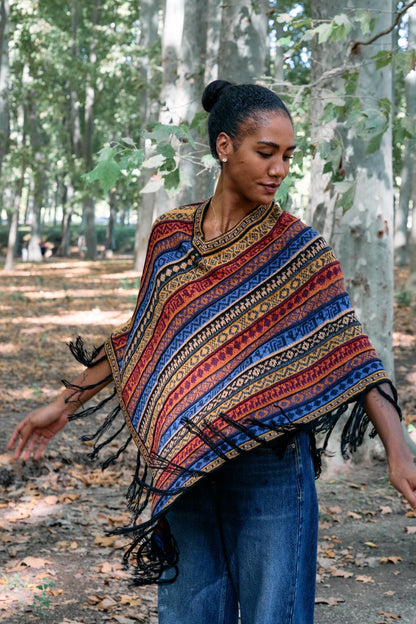 Handwoven Peruvian Rainbow Alpaca Poncho
