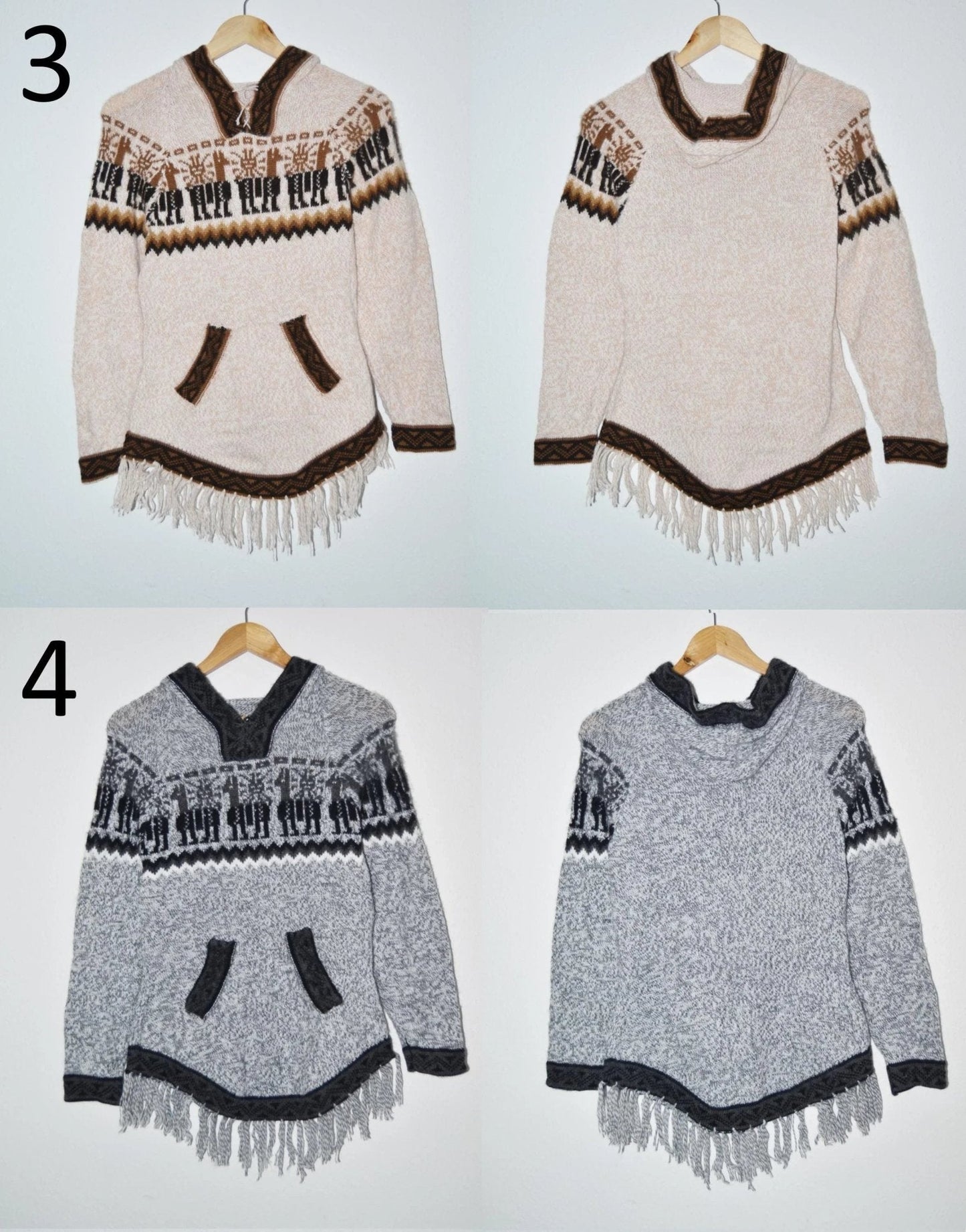 Handmade beige alpaca sweater with geometric patterns, hood, front pocket, and fringe hem  .