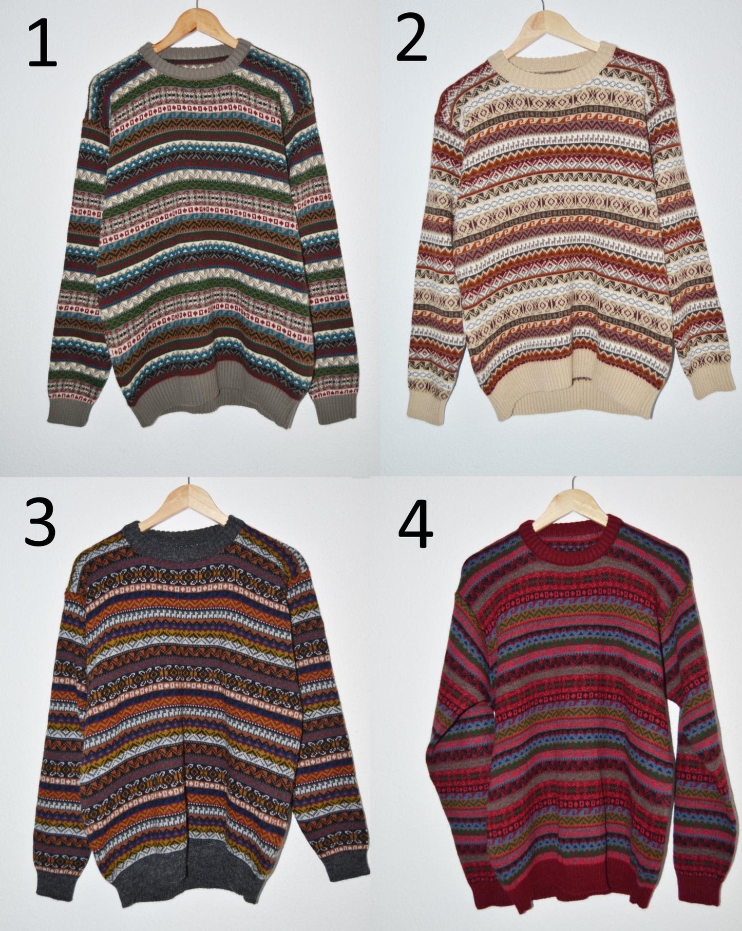 Four handmade alpaca sweaters in multicolor striped patterns with crew necks, each showcasing unique earthy and vibrant.