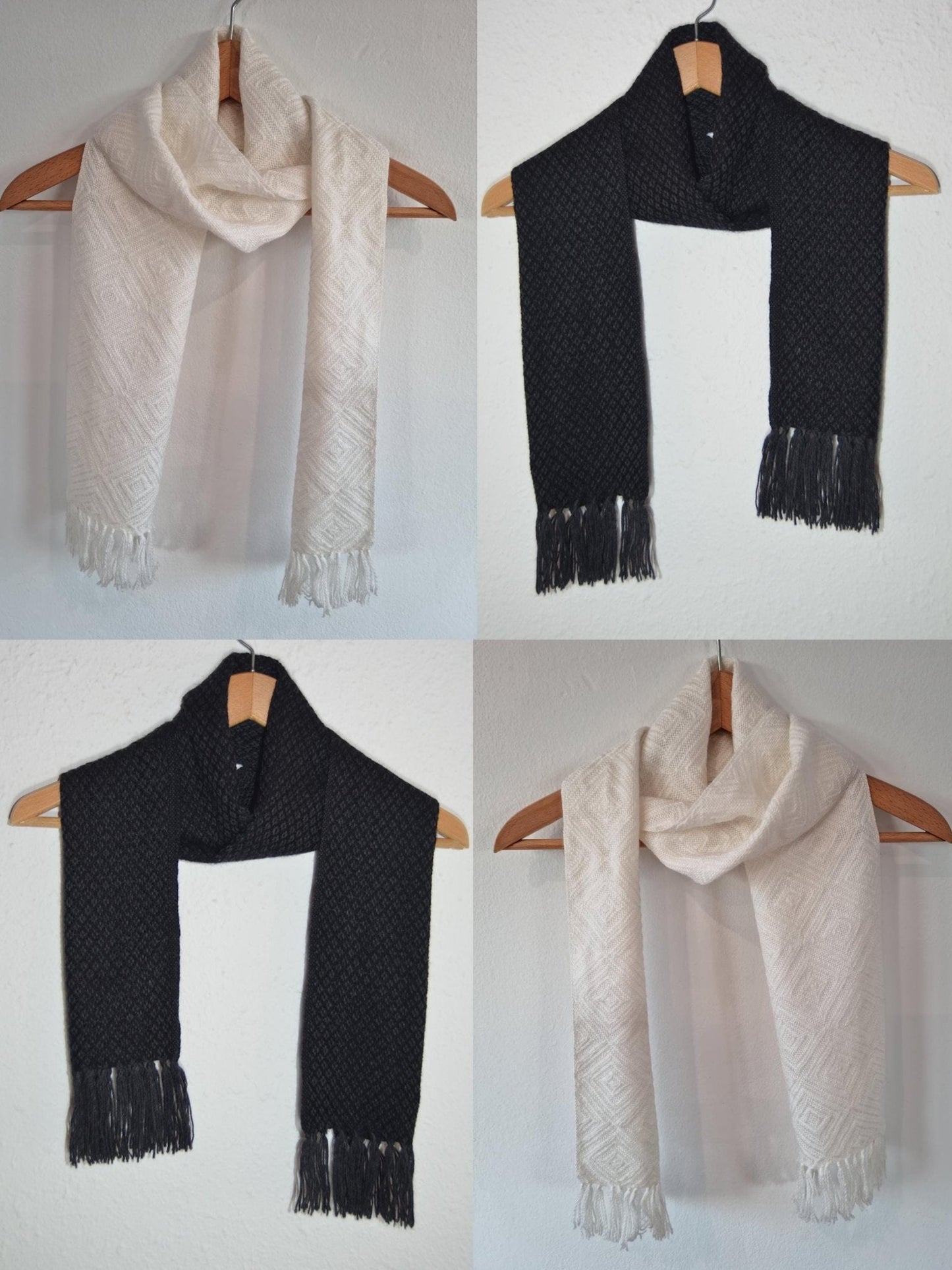 Handmade black alpaca shawl with fringed edges, soft and tightly woven luxury wrap.