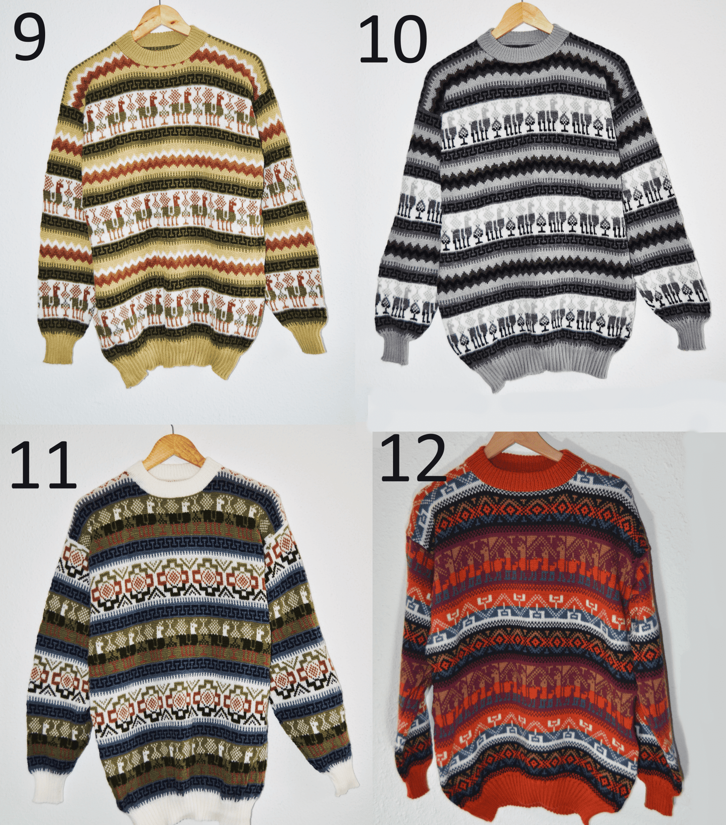 Four handmade alpaca sweaters in green, black, beige, and red with traditional Peruvian patterns.