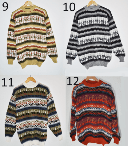 Four handmade alpaca sweaters in green, black, beige, and red with traditional Peruvian patterns.