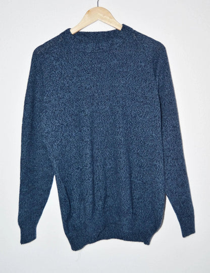 Handmade navy blue alpaca wool sweater with crew neck and long sleeves.