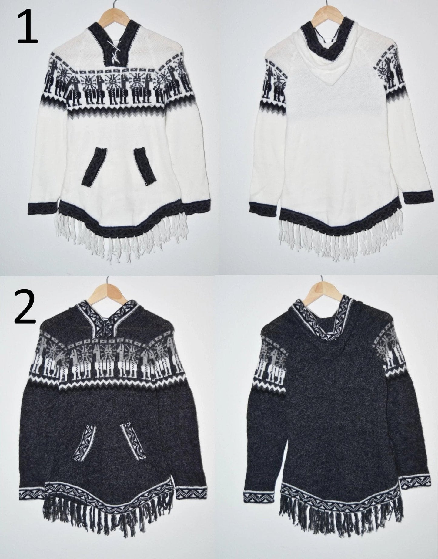 Handmade alpaca sweater with black and white geometric patterns, V-neck, and front pockets.