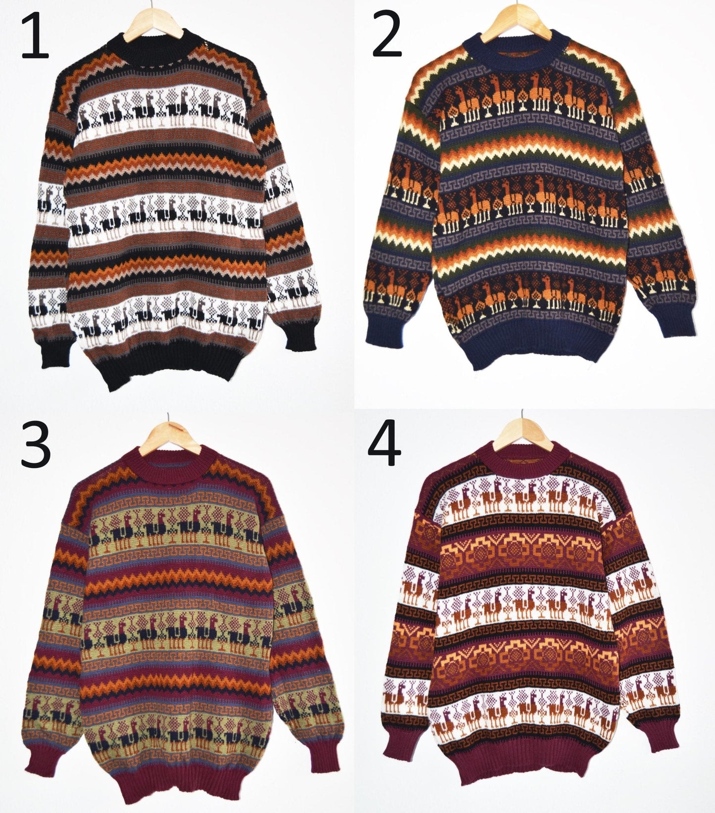 Handmade alpaca sweater with brown, white, and black geometric patterns  .