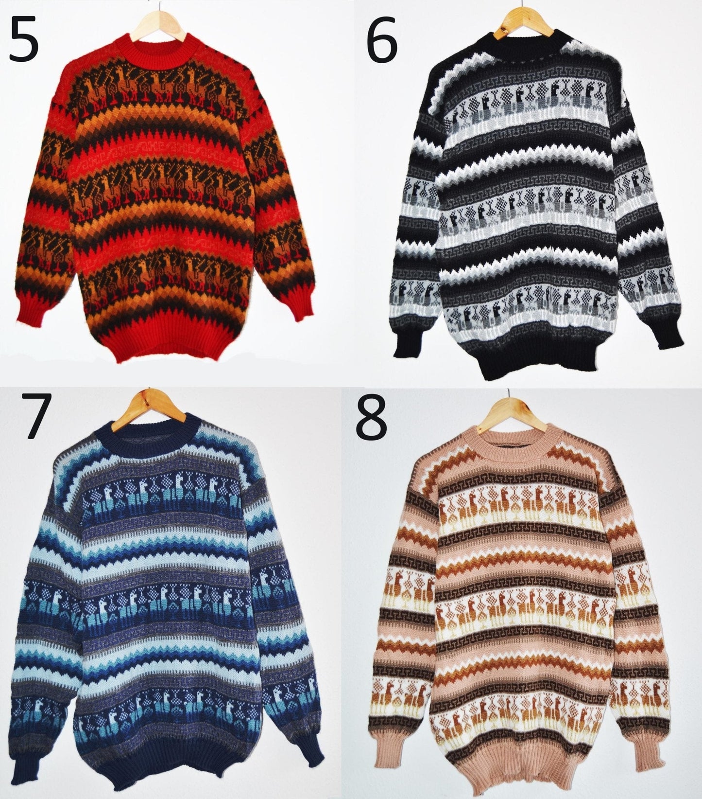 Handmade alpaca wool sweater in red with black and orange geometric patterns  .