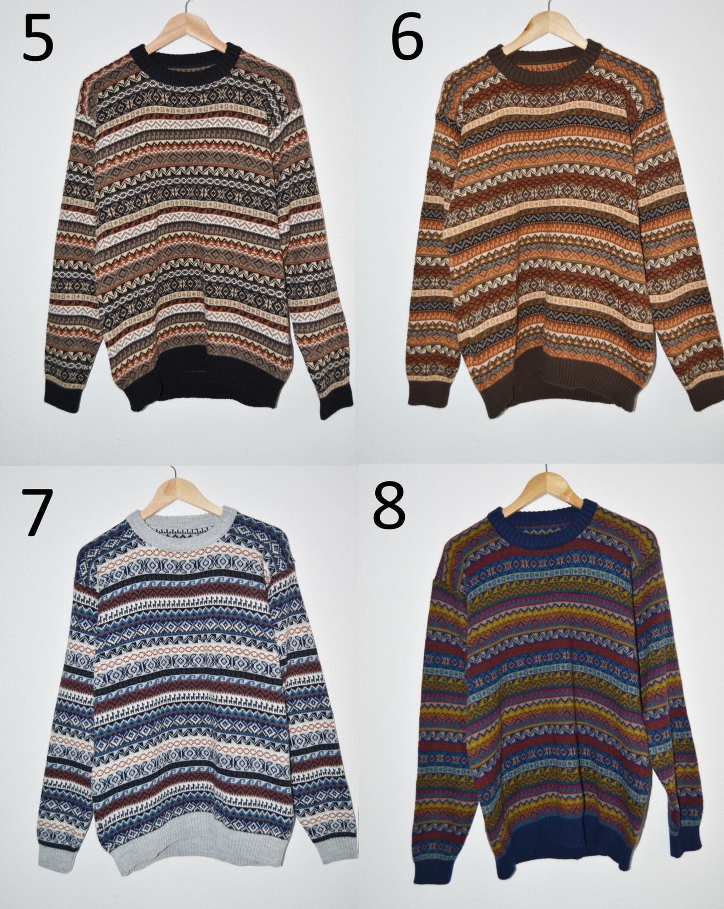 Set of four handmade alpaca sweaters with intricate geometric patterns in earthy tones, blue, and multicolor designs.