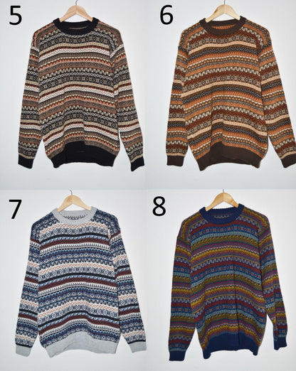 Set of four handmade alpaca sweaters with intricate geometric patterns in earthy tones, blue, and multicolor designs.